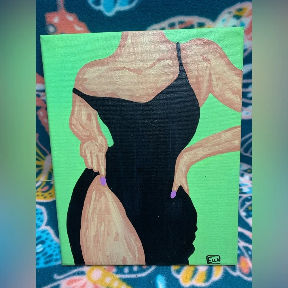 Hand painted acrylic painting woman’s body painting in dress 8”x10”